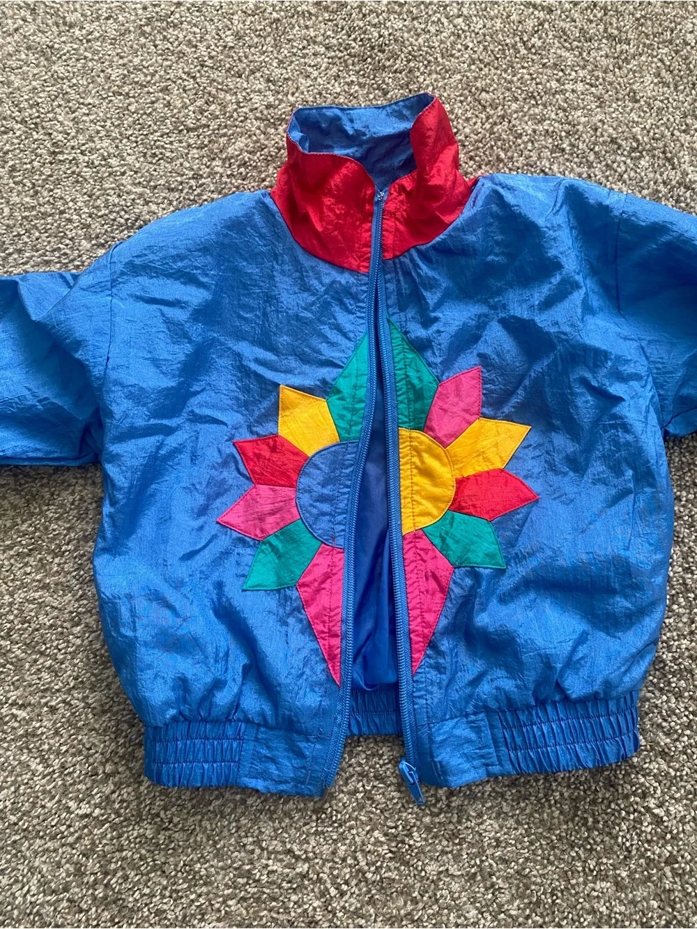 Vintage Bright Blue Colorblock Windbreaker Jacket with Sunburst